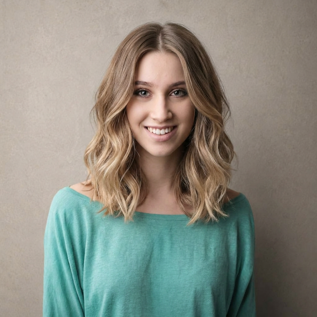 Face-framing layers, loose waves with blonde balayage
